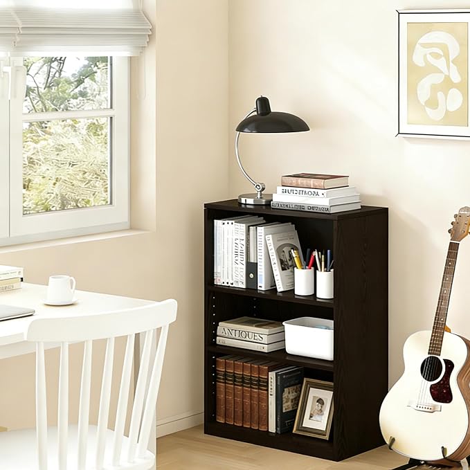 CTESNE【2026 Adjustable Shelves 3-Tier Bookcase, 71 inches, Wooden Open Display Floor Bookshelf (Chocolate Color)