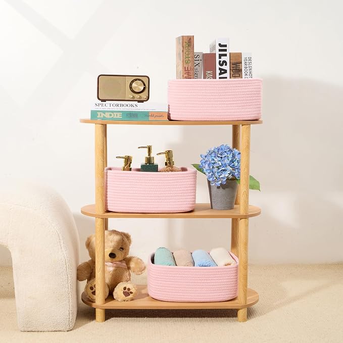 MiniArk Small Storage Baskets for Organizing | Closet Organizer Bins | Shelf Toy Basket | Woven Rope Baskets | Cube Decorative Box | Shallow Basket | 13x8.5x5.1” | 3 Packs Light Pink