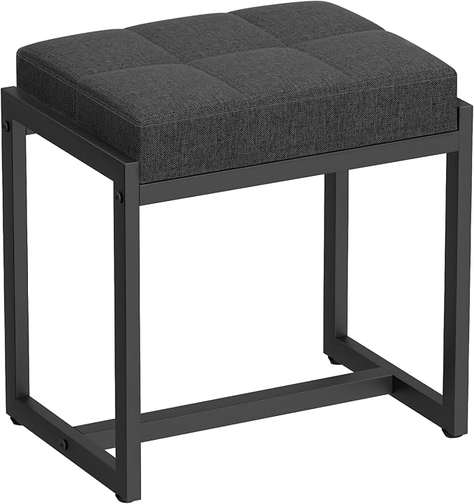 Vanity Stool, Vanity Chair Stools for Makeup Room, Square Linen Makeup Stool for Vanity, Modern Padded Vanity Bench Small Ottoman Foot Rest Stool for Bedroom Living Room, Dark Grey & Black