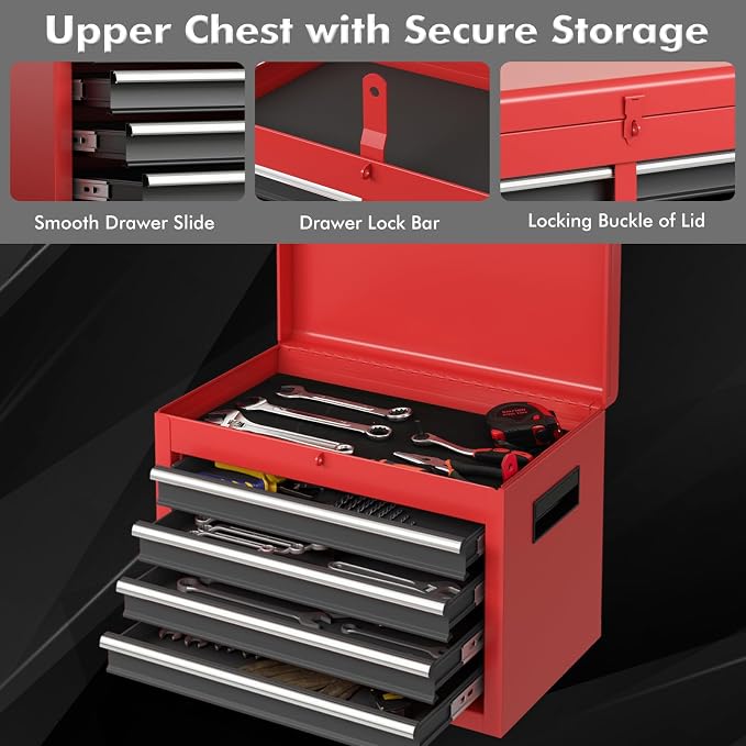 Goplus Tool Chest, 5 Drawers Rolling Tool Cabinet with Detachable Top Toolbox, Universal Lockable Wheels, Lock Bar, Protective Liner & Tool Rack, Metal Tool Storage Cart, Tool Box for Garage Workshop