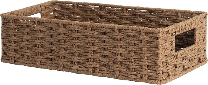 StorageWorks Toilet Tank Tray, Brown Round Paper Rope Bathroom Baskets for Organizing, Toilet Tank Basket, Toilets Organizer with Built-in Handles, 14 ¼"L x 6 ¾"W x 3 ¾"H, 1 Pack | Paper Rope Toilet Tank Tray for Tank Topper, Small Wicker Toilets Paper...