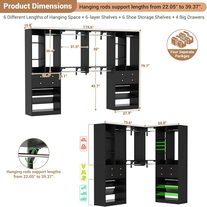 Besiost Closet System with Drawers, 120"/10FT, 151.2"/12.6FT, Built-in Closet Organizer System with Reversible Hanging Shelving and Hanging Rods, Black Set of 2