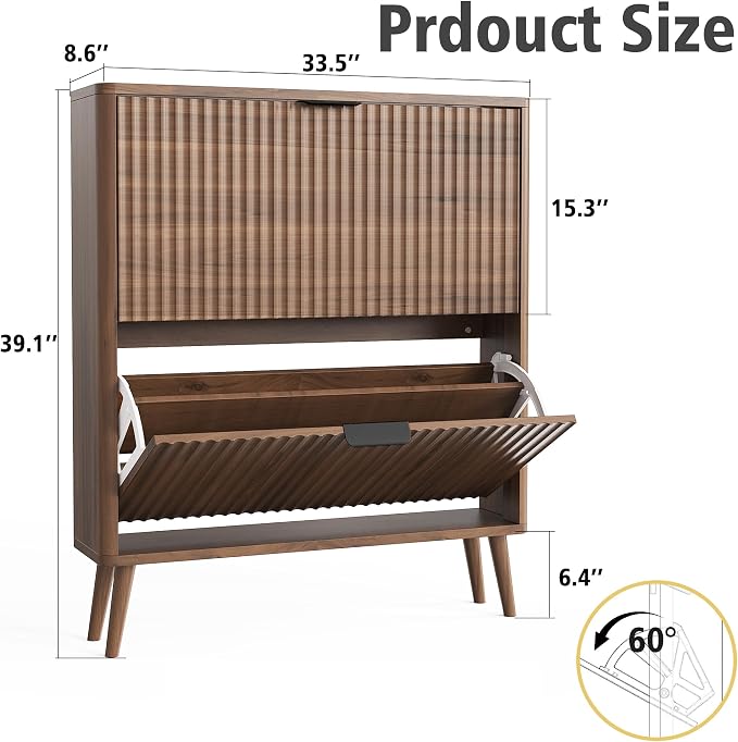 KIGOTY Narrow Shoe Storage Cabinet, Shoe Cabinet with 2 Flip Drawers, Freestanding Shoe Organizer with Legs for Entryway, Slim Shoe Rack Cabinet for Enterway (Walnut, 2 Flip Drawer)