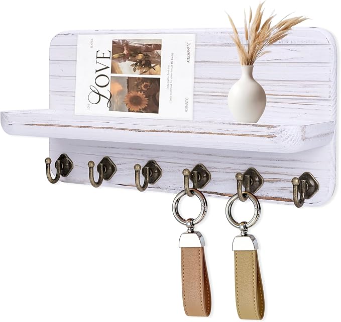 Key Holder for Wall, Mail Organizer Wall Mount with 6 Hooks Wooden Hanging Key Rack for Home Decor, Hallway, Entryway (Vintage White)