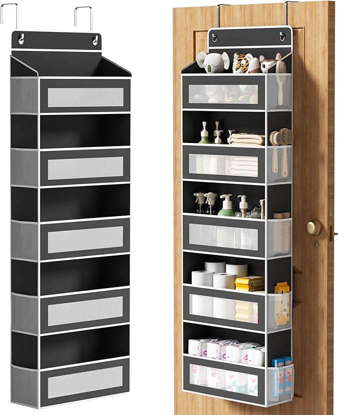 AQOOA 5-Tier Over The Door Organizer 44 lbs Capacity fit Standard Doors | Over the Door Storage 5 Large10 Side Pockets Behind Door Storage, Hanging Shelf for Closet Bathroom Bedroom Nursery, Black