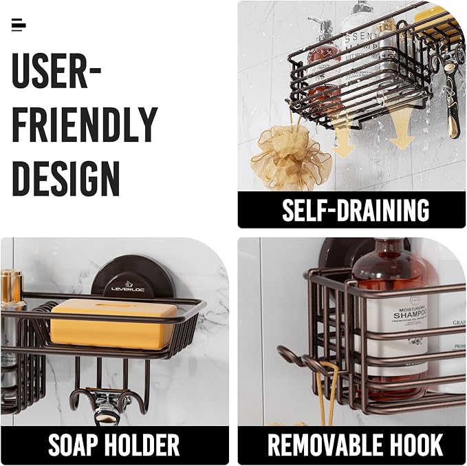 LEVERLOC Shower Caddy Suction Cup, 2 Pack Shelves for Inside with Hooks | Brown Shower Storage, Rustproof Meatl Bathroom Basket, Soap Holder, NO-Drilling Shower Holder