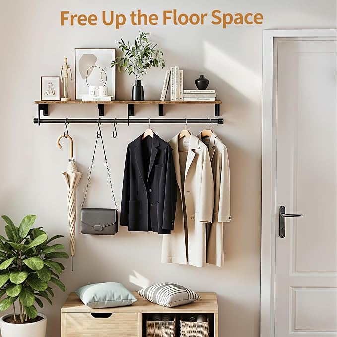Luxspire 43.3" Wall Mount Clothes Rack with Wood Top Shelf Hanging Clothes | Black + brown, heavy duty rust-resistant metal, extra top shelf decor storage, easy install on wood brick walls