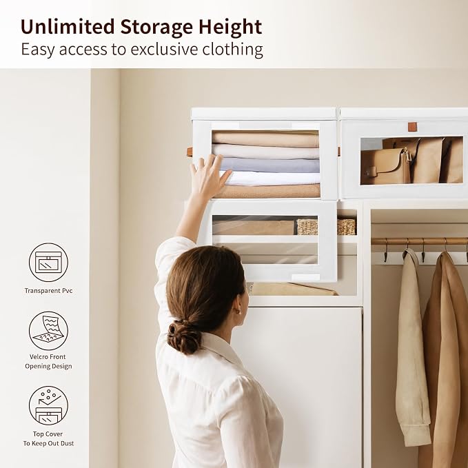 Homsorout Large Clothing Storage Bins - Collapsible Boxes with Handles & Window, Decorative Organizer Bins with Lids, Fabric Containers for Living Room, Dorm, 6 Pack, White
