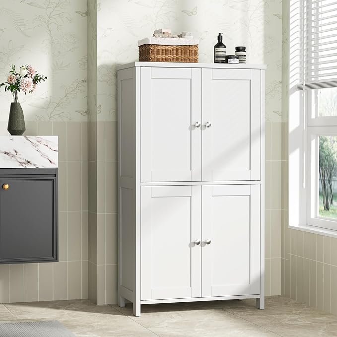 Shintenchi Bathroom Storage Cabinet with Doors and Shelves, Floor Cabinets for Washroom Furniture, Laundry Room, Organization with Adjustable Shelf, White