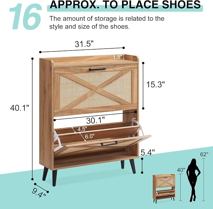 Barnyatoh Farmhouse Shoe Storage Cabinet with 2 Flip Drawers & Rattan Door | Freestanding Hidden Slim Narrow Shoe Rack, Adjustable Shelves,Wood Shoes Organizer for Entryway,Foyer,Hallway, Boho, Natural