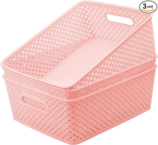 MaxGear 3 Pack Plastic Storage Baskets, Large, Pink | Durable Woven Plastic with Built-In Handles, Suitable for Shelves, Closets, Cabinets, Bathrooms and Offices
