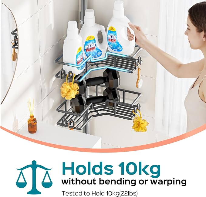 HAMITOR Adjustable Bathroom Storage, 4-Tier Tension Pole Shower Caddy, Gray | Rustproof Floor-To-Ceiling Tension Mounted Shampoo Organizer, No Drilling, Space-Saving Home Essentials For Renters 47-123in