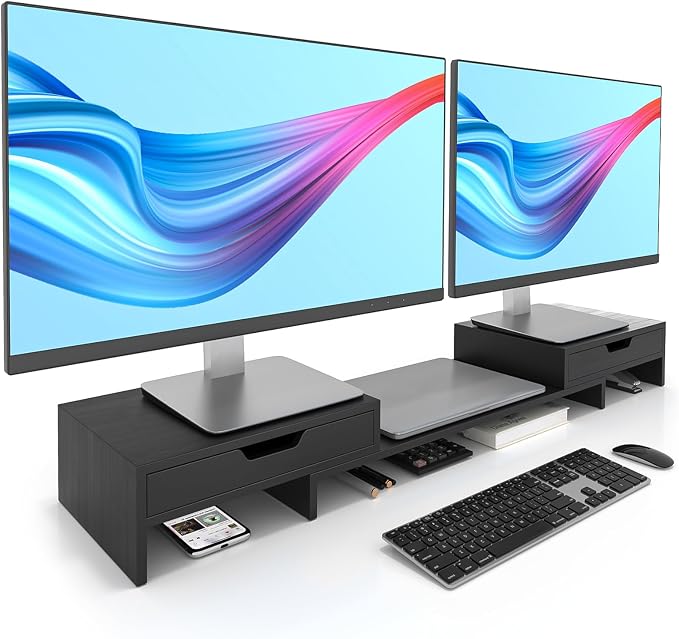 Epesoware Dual Monitor Riser with Two Drawer for Desk, No Assembly Required | Premium Bamboo Dual Monitor Stand with Storage, Desk Monitor Shelf for Computer, IMac & Laptop, Desk Organizer, Black