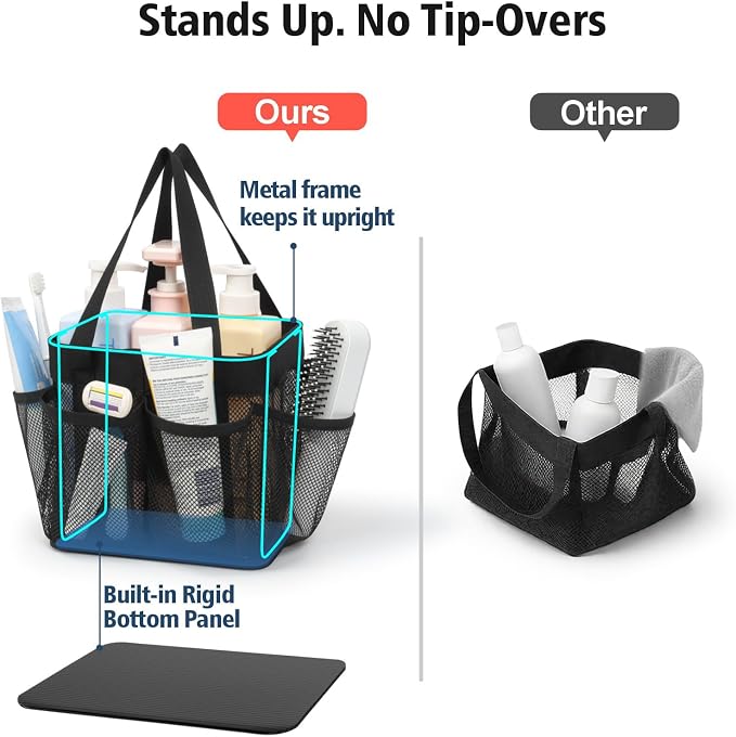 F-color Mesh Shower Caddy Portable - Stand Up 8 Pockets for Dorm, Black | Stand Up Frame, S Hook, Collapsible Organizer, Mesh Shower Bag Bathroom Tote for College Dorm, Camping, Gym, Travel