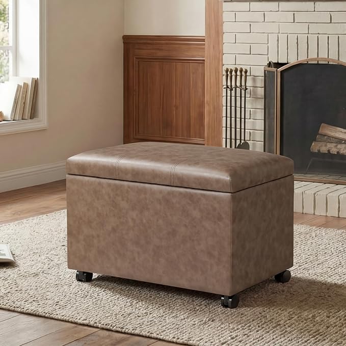 24" Storage Ottoman Bench with Wheels, Rectangle Faux Leather Foot Stool for Living Room, Bedroom, Entryway, Earthy Light Brown Veining