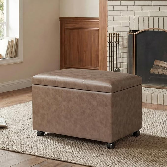 24" Storage Ottoman Bench with Wheels, Rectangle Faux Leather Foot Stool for Living Room, Bedroom, Entryway, Earthy Light Brown Veining