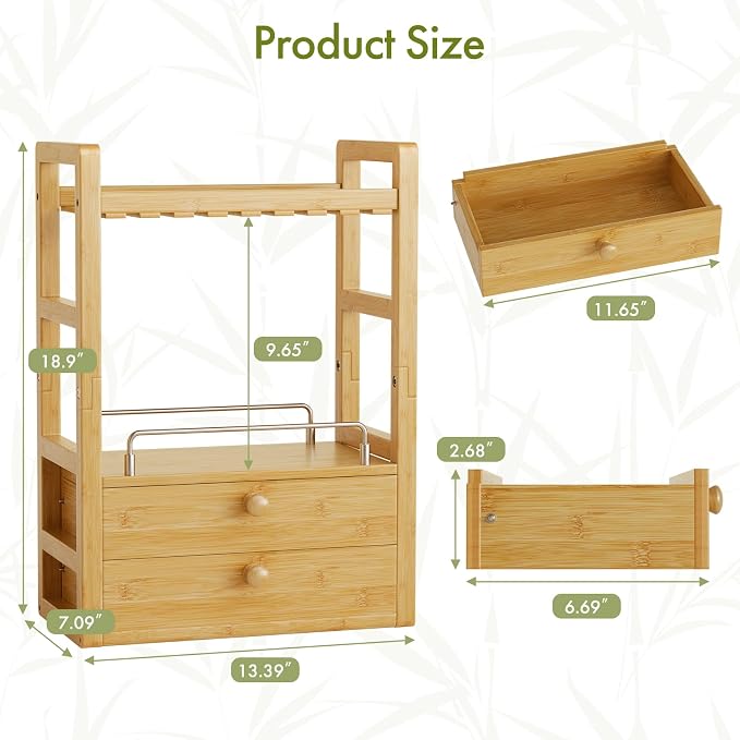 AmazerBath Bamboo Bathroom Counter Organizer, 2-Tier Makeup Organizer with 2 Drawers, Vanity Organizer Storage Coffee Matcha Station, Compact Shelf for Bathroom Kitchen Office Countertop