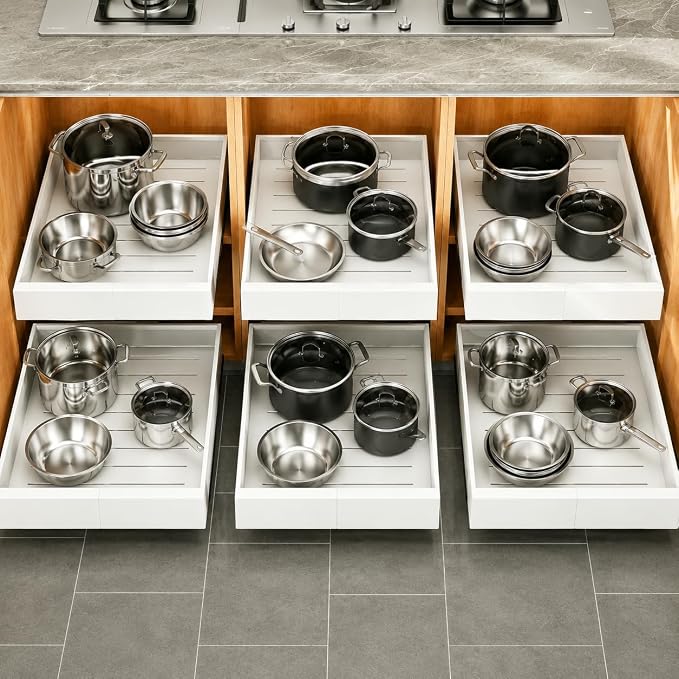 Pull out Cabinet Organizer, 6-pack, Expandable(12"-20") Heavy Duty Slide out Drawers Fixed with Adhesive Nano Film for Pots, Roll out Shelf Storage for Kitchen Base Cabinet Organization(3 Rails)