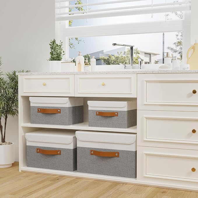 OUTBROS Storage Boxes, Bins with Lids, 10.2x7.9x6.7 in, White/Grey | Cotton and linen cloth Storage Baskets with Handle, for Books, Closet, Bedroom, Home