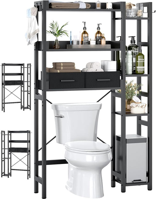 Besiost Over The Toilet Storage, 7 Tier Bathroom Organizer with Reversible Side Shelf and 2 Fabric Drawers, Adjustable Freestanding Rack Space Saver for Small Spaces, Black