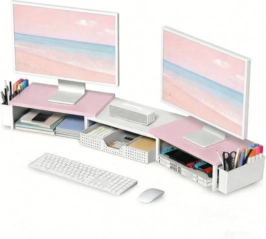 OPNICE Desk Organizers and Accessories, Dual Monitor Stand Riser with Drawer and 2 Pen Holders, Desk Shelf Computer Racks for Office Workspace Organizers, Desktop Organization (Pink-White)
