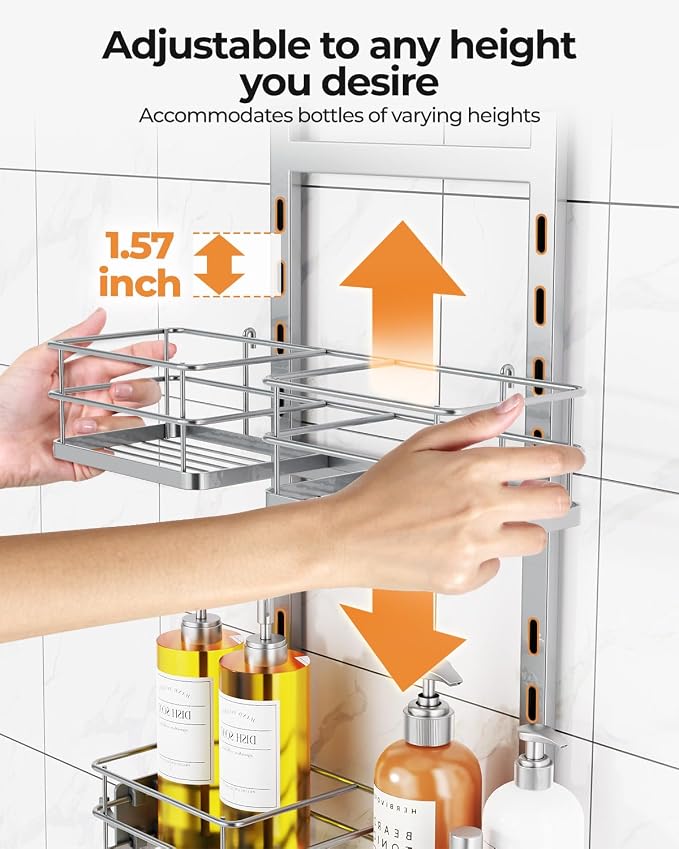 ODesign 2 Tier Shower Caddy for Handheld Shower Heads Anti-Swing Silver | No drilling required,comes with removable hook and storage box,suitable for handheld and wall-mounted showerheads