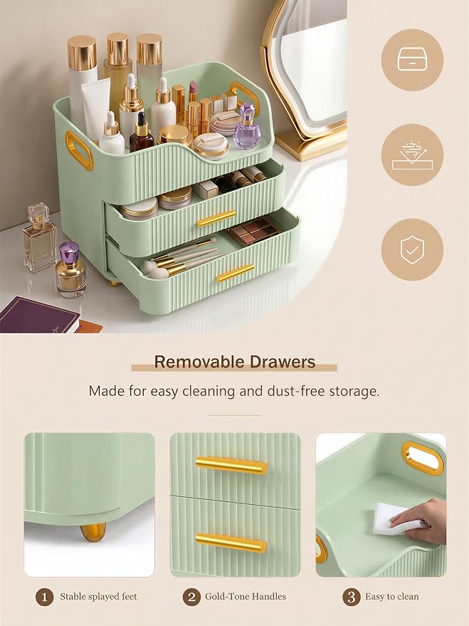 Booklov Large Makeup Organizer for Vanity, Bathroom Countertop, Green | Plastic Cosmetic Display Case with Drawers, Beauty Brush Holder for Dresser Counter Skincare Eyeshadow Lipstick Storage