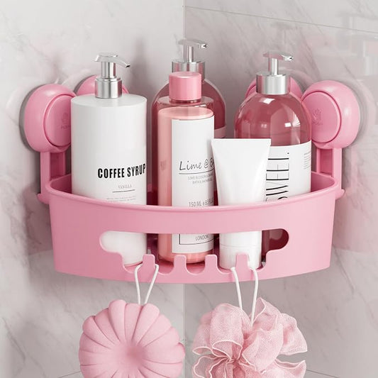 TAILI Corner Shower Caddy with Suction Cups, Wall Organizer Plastic Rack | Small Bathroom Caddy, Removable, Drill-Free, Heavy Duty Shower Basket, PINK