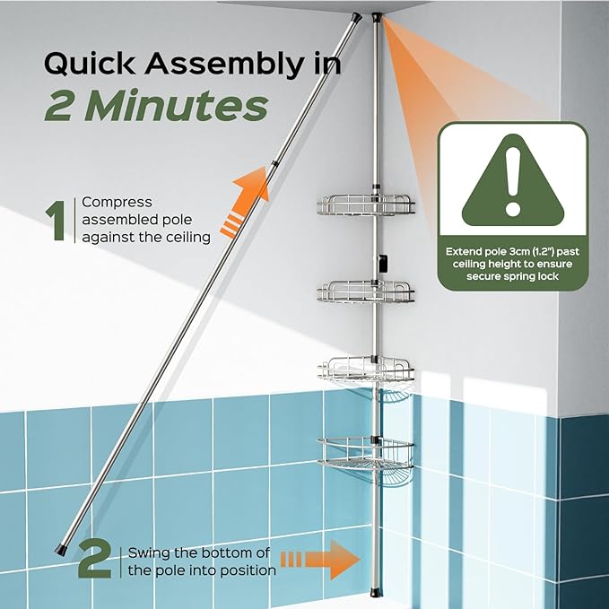 HAMITOR Shower Caddy Tension Pole: 4-Tier Rustproof Bathroom Corner Shelf Organizer for Renter - No Drill Large Shampoo Storage Rack - Adjustable 47-121" - Space Saving Bathtub Accessory - Silver Gray