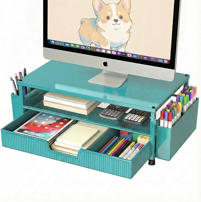 ECOLOVI Desk Organizer and Accessories, 2-Tier Computer Monitor Stand Rise with Storage Drawer & 2 Pen Holders, Laptop & Printer Stand for Desktop, Workspace Organizers for Office Supplies (Blue)