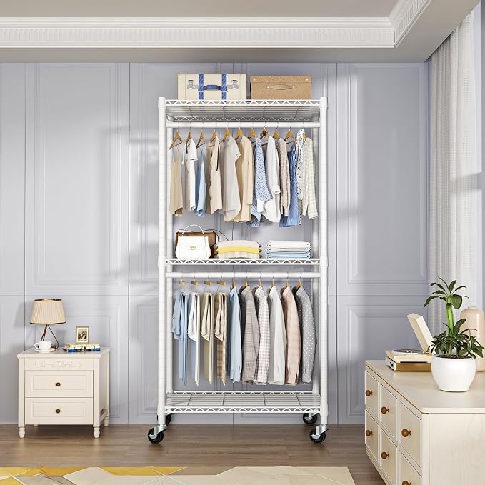 FUTASSI P1 Medium Heavy-Duty Portable Closet, 30" W x 14" D x 76" H, White | Metal Rolling Clothing Rack, Closet System with Wheels and Shelves for Hanging Clothes, Portable Wardrobe Organizer Storage