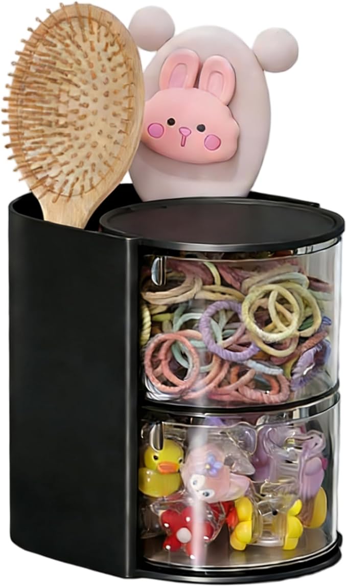 Azurphoric Hair Accessories Organizer with Hair Brush Holder(Black,2-Layer) | Rotatable Makeup Brush Holder for Necklaces, Earring, Bracelet, Ring, Makeup Brushes, Hair Clip and Hair Accessories