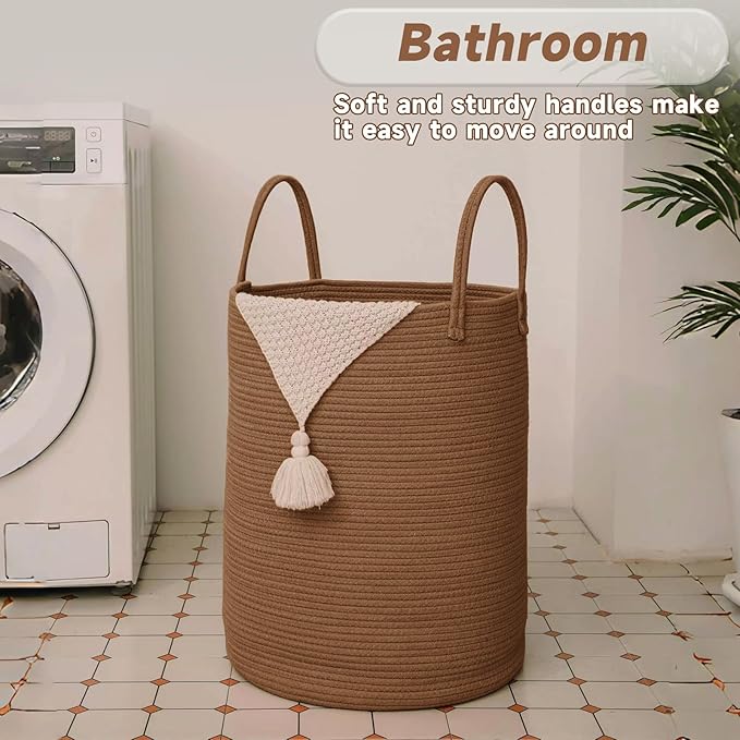 JMvicyroam 80L Cotton Rope Laundry Basket Hamper, Golden Jute | Collapsible laundry basket, reinforced handles, freestanding, machine washable, holds 3-5 thick blankets, clothes or toys