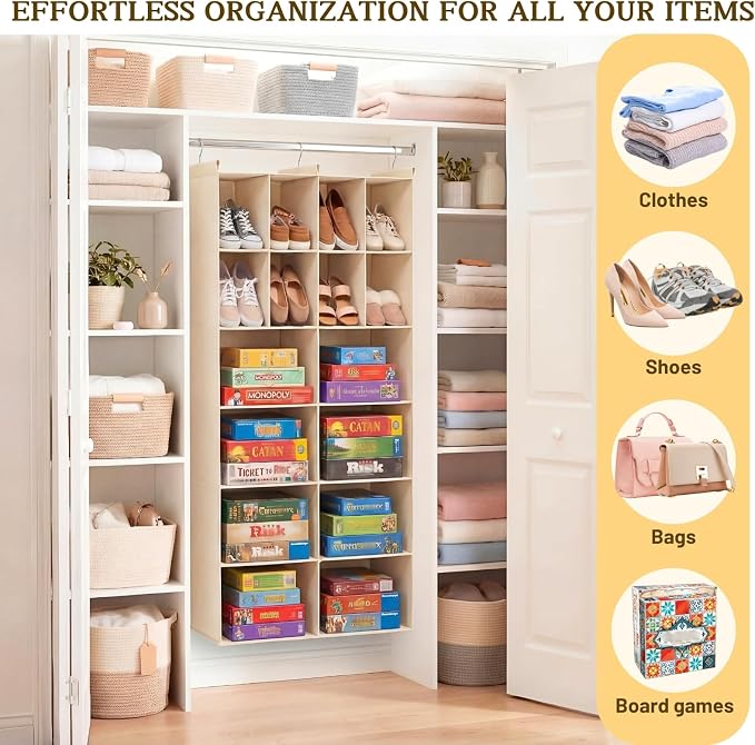 6 Tier Hanging Closet Organizer, 16 Compartments Dual Row Storage, Beige | Closet Organizers and Storage with Large & Small Pockets, 3 Sturdy Hooks Support Heavy Loads, Ideal for Dorm, Garment Rack
