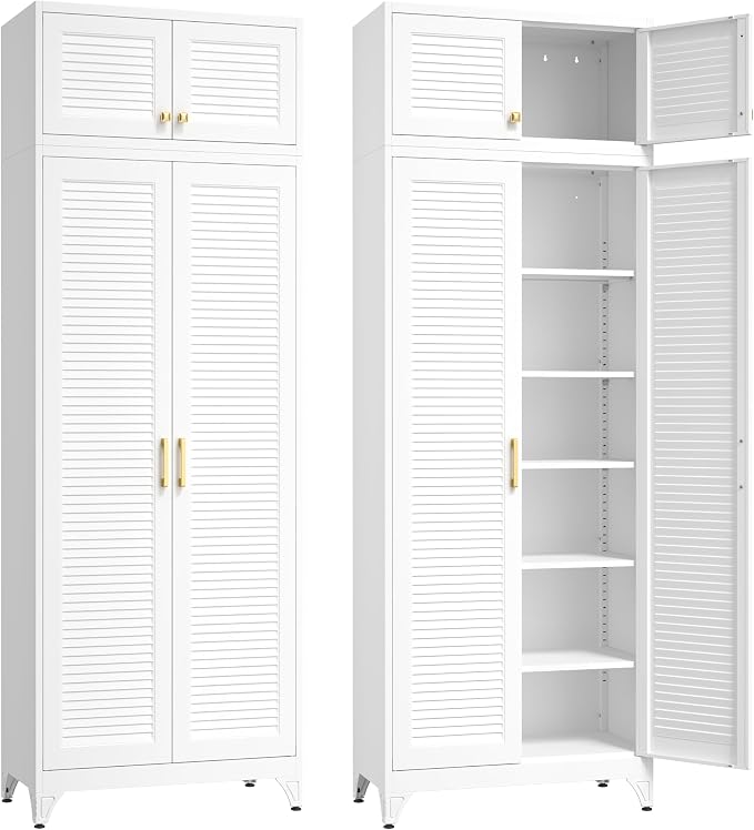 SteeLoong 90" Metal Storage Cabinet with Doors and 5 Adjustable Shelves | Kitchen Pantry Cabinet,White Tall Freestanding Cupboard with Gold Handle,Steel Garage Cabinets for Tool,Office,Kitchen,School