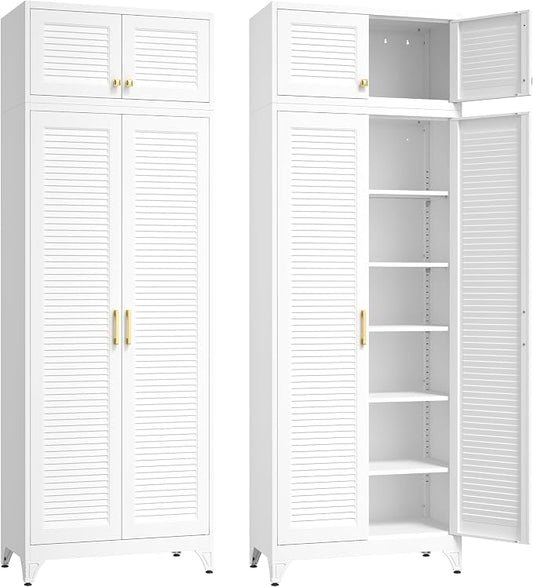 SteeLoong 90" Metal Storage Cabinet with Doors and 5 Adjustable Shelves | Kitchen Pantry Cabinet,White Tall Freestanding Cupboard with Gold Handle,Steel Garage Cabinets for Tool,Office,Kitchen,School