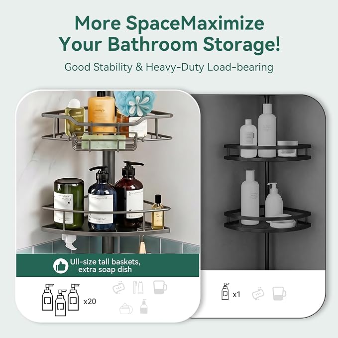 Corner Shower Caddy Tension Pole, 4 Tier Rustproof Shower Tension Rod Organizer, Adjustable 25-125 Inch Bathroom Shower Organizer Shelves for Bathtub Shampoo Storage, Grey