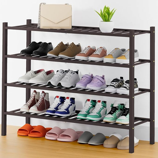 Smiry Bamboo Shoe Rack, 14 Vertical Slats, 4 Tier - 33.7" Wide, Brown | Stackable Free Standing Wooden Shoe Organizer, Wood Shoe Storage Shelf for Closet, Entryway, Thicher Leg