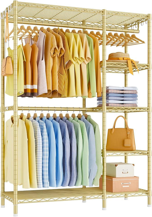 F2 Clothes Rack, 5 Tiers Heavy Duty Garment Rack for Bedroom | Freestanding Adjustable Closet Storage Organizer, Portable Clothing Wardrobe, 46.1"W x 15.4"D x 78.3"H, Load 630lbs, Gold