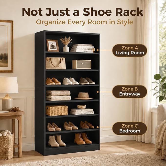 Tall Shoe Rack Cabinet for Closet & Entryway, 2 Pack, Black | Wooden Narrow Shoe Organizer Cabinet with Adjustable Shelves, Freestanding, for Bedroom, Hallway