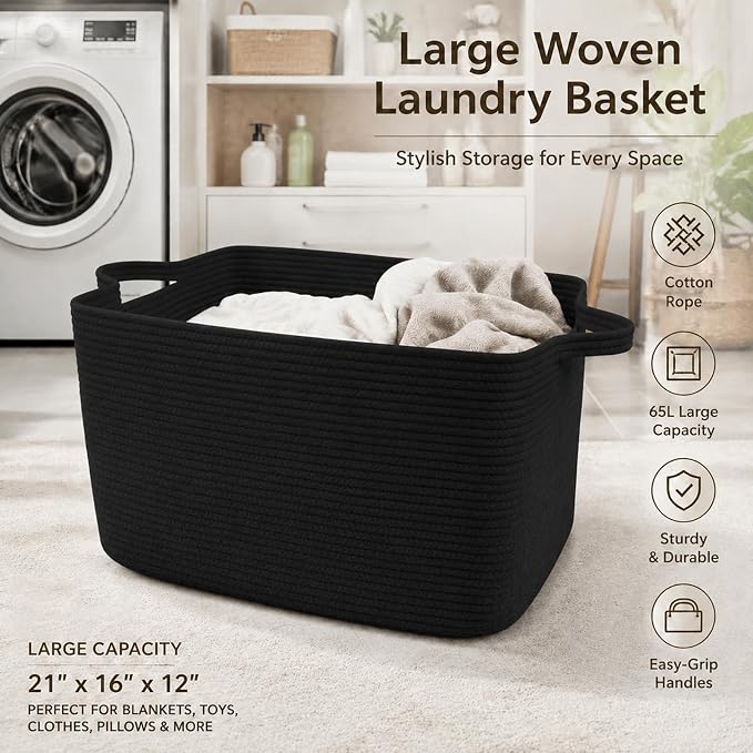 65L Collapsible Woven Rope Laundry Basket with Handles,Black | 21x16x12 Foldable Rectangular Blanket Basket for Toys, Clothes & Pillows,Ideal for Nursery, Bathroom, Bedroom, Living Room