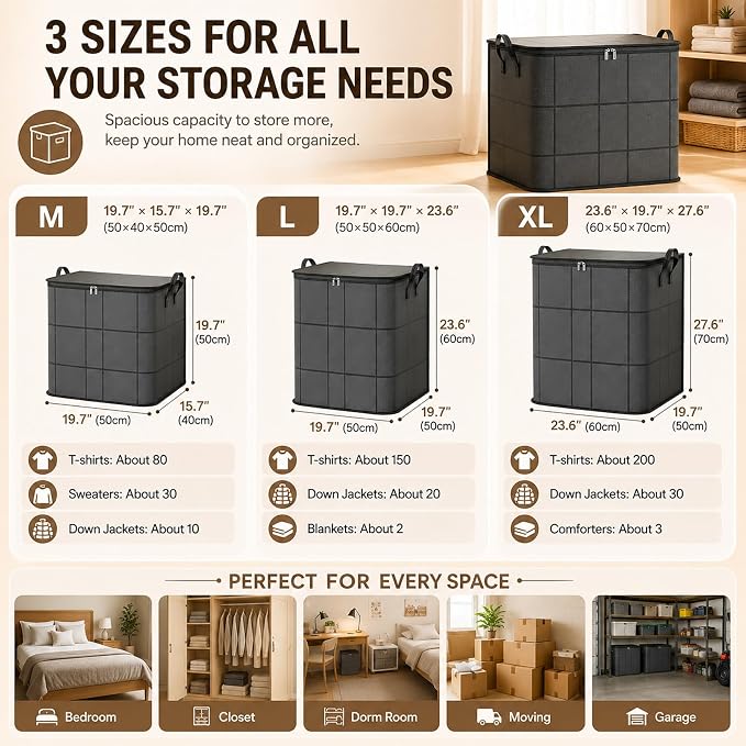 210L Spacious Moving Storage Bin, Large Zippered Fabric Organizer with Reinforced Handles, Foldable Blanket Storage Bag for Bedding, Clothes, Quilts, Comforters and Moving Day，1：L: 19.7x23.6 in