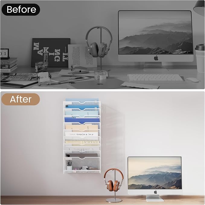 10-Tier Wall Mounted File Organizer, Metal Mesh Paper Holder (White)