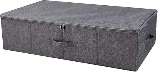Folding Fabric Rigid Under Bed Closet Storage Bins with Zip Lid,Black Gray | Under bed Storage Boxes for Bedding/ Clothes/ Duvets/ Blankets/ Shoes, Hard Plastic Boards inside, 4 Handles, Washable