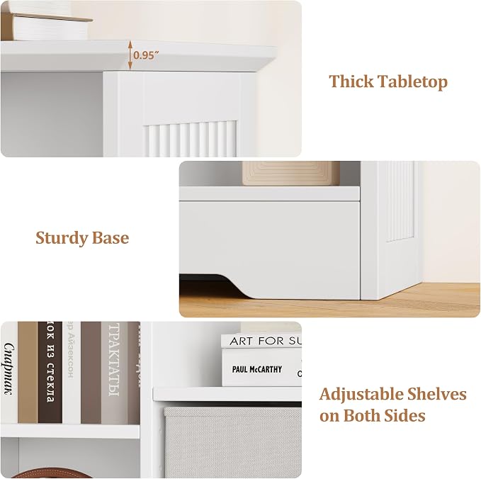 12 Cube Storage Organizer Shelf, Wood Cubby Storage with 6 Fabric Drawers | 3 Tier Wooden Bookshelf with 2 Adjustable Shelves, Fluted Side Panels Bookcase for Records, Books, Ornaments