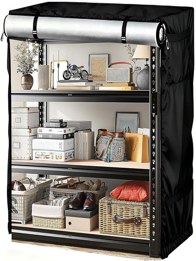 Garage Storage Shelves Cover - 47.2" L x 17.7" W x 70.4" H, Heavy Duty 420D Waterproof Garage Shelving Cover, UV & Fade Resistant, All Weather Protection Shelving Covers, Black