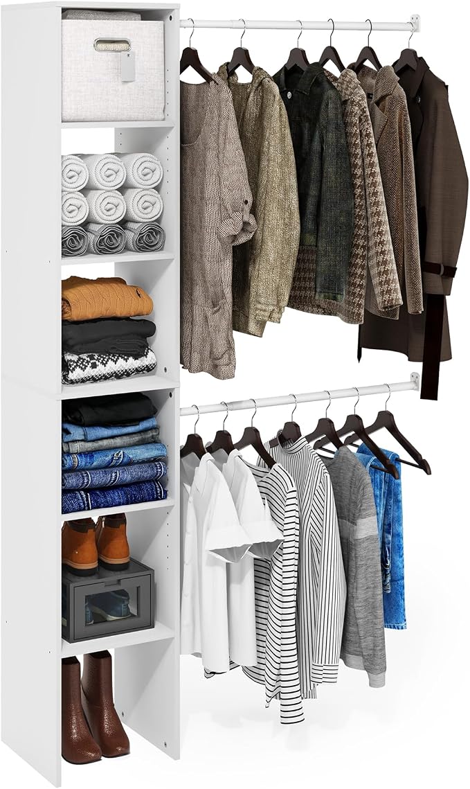 Furinno FANO Closet Organizers and Storage, 5-Tier Closet Storage Organizer with 2 Hanging Bars, Wardrobe Closet Shelf Towers, Adjustable Shelves, for Wardrobe, Bedroom, Living Room, White