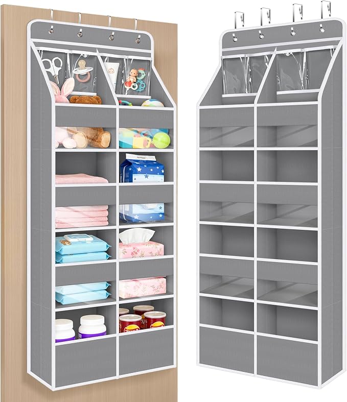 Univivi Upgraded Over the Door Organizer for Baby Nursery, Grey, 5-Shelf | Fabric Door Organizer with Clear Window Deep Pockets, Over Door Hanging Organizer for Baby Essential, Bedroom, and Dorm