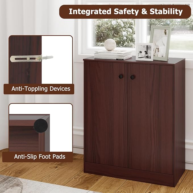 Giantex 2 Door Storage Base Cabinet (Brown) | 3-Tier Base Cabinet with Non-Slip Foot Pads, Kitchen Cupboard Storage Organizer for Living Room, Hallway, Entryway, Office