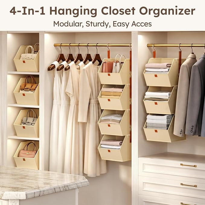 Homsorout Hanging Closet Organizer 4 Tier - Clothes Hanging Shelves, Space-Saving Closet System, Fabric Storage Bins Bedroom Organization, Collapsible Baskets for Home, Dorm, Rv, Beige
